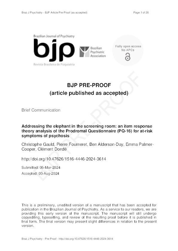 Addressing the elephant in the screening room: an item response theory analysis of the Prodromal Questionnaire (PQ-16) for at-risk symptoms of psychosis. Thumbnail