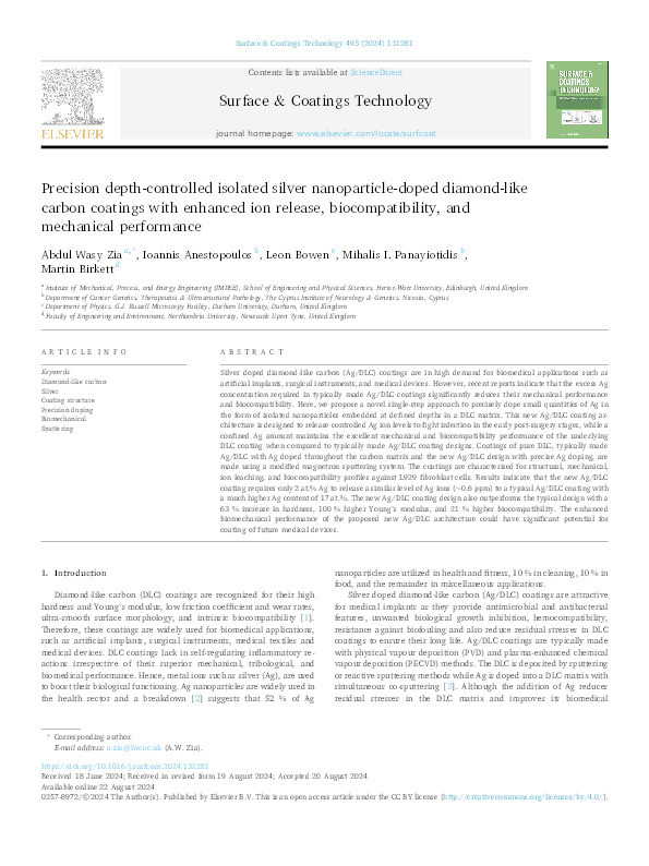 Precision depth-controlled isolated silver nanoparticle-doped diamond-like carbon coatings with enhanced ion release, biocompatibility, and mechanical performance Thumbnail