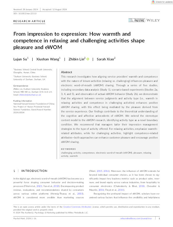 From impression to expression: How warmth and competence in relaxing and challenging activities shape pleasure and eWOM Thumbnail