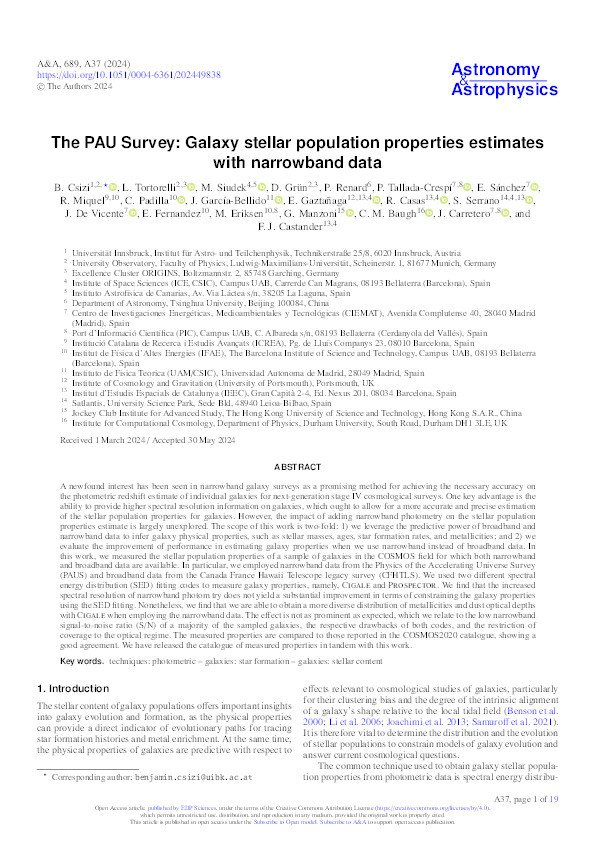 The PAU Survey: Galaxy stellar population properties estimates with narrowband data Thumbnail