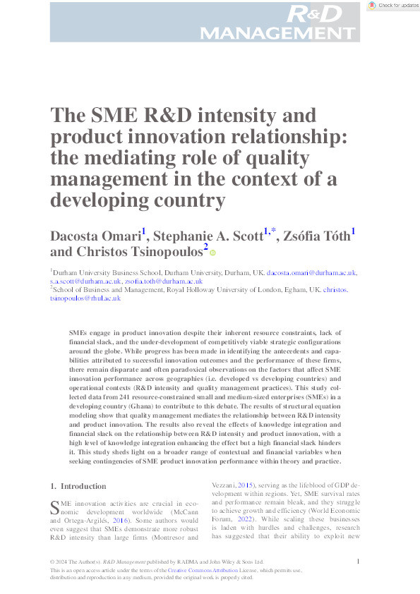 The SME R&D intensity and product innovation relationship: the mediating role of quality management in the context of a developing country Thumbnail