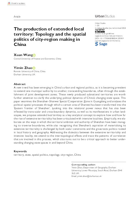 The production of extended local territory: Topology and the spatial politics of city-region making in China Thumbnail