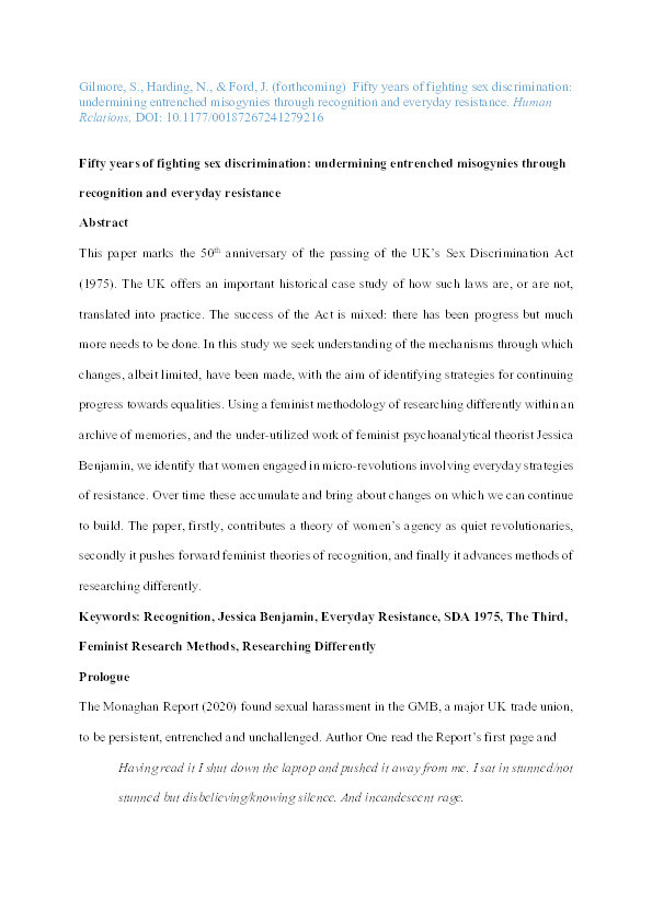 Fifty years of fighting sex discrimination: undermining entrenched misogynies through recognition and everyday resistance Thumbnail