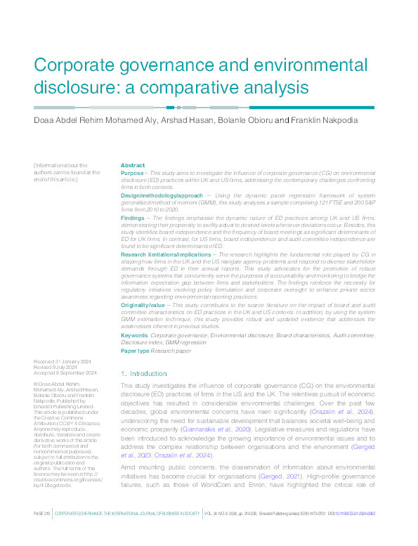 Corporate Governance and Environmental Disclosure: A Comparative Analysis Thumbnail