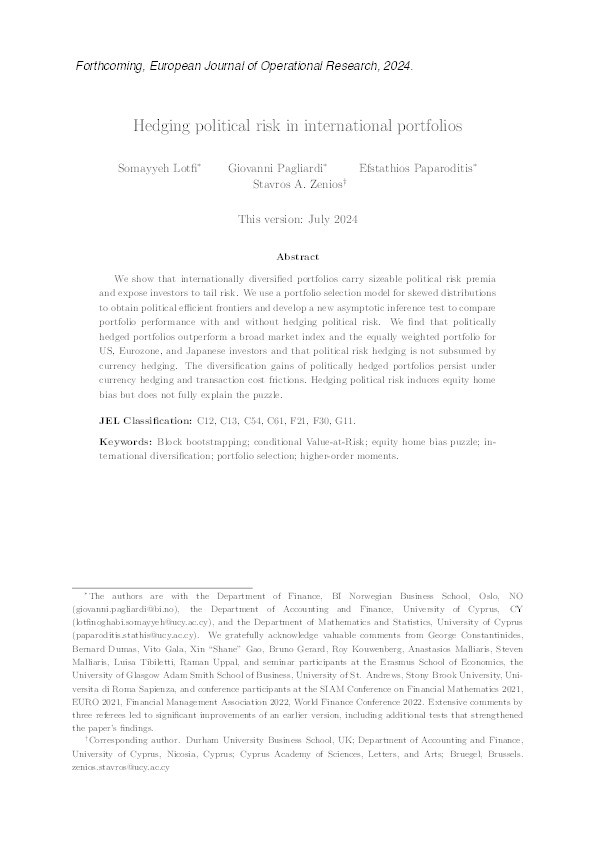 Hedging political risk in international portfolios Thumbnail