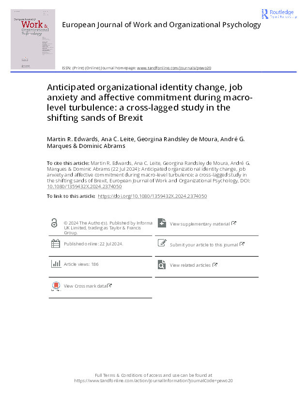 Anticipated organizational identity change, job anxiety and affective commitment during macro-level turbulence: a cross-lagged study in the shifting sands of Brexit Thumbnail