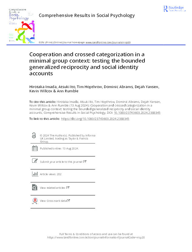 Cooperation and crossed categorization in a minimal group context: testing the bounded generalized reciprocity and social identity accounts Thumbnail