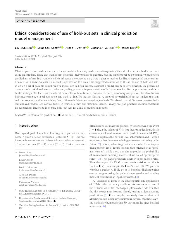 Ethical considerations of use of hold-out sets in clinical prediction model management Thumbnail