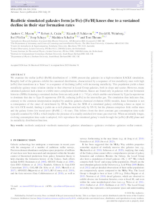 Realistic simulated galaxies form [α/Fe]–[Fe/H] knees due to a sustained decline in their star formation rates Thumbnail