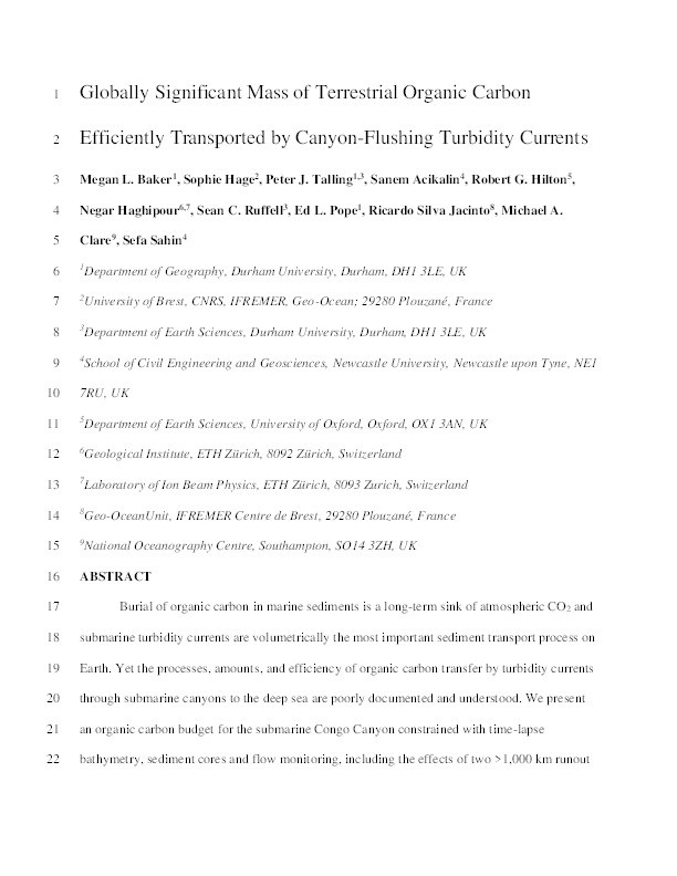 Globally significant mass of terrestrial organic carbon efficiently transported by canyon-flushing turbidity currents Thumbnail