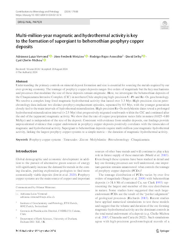 Multi-million-year magmatic and hydrothermal activity is key to the formation of supergiant to behemothian porphyry copper deposits Thumbnail