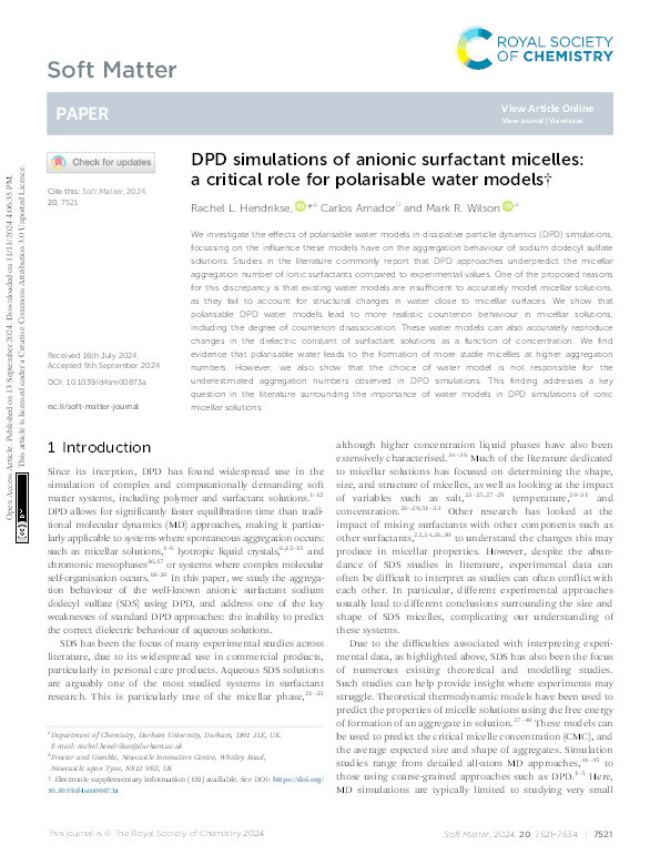 DPD simulations of anionic surfactant micelles: a critical role for polarisable water models Thumbnail