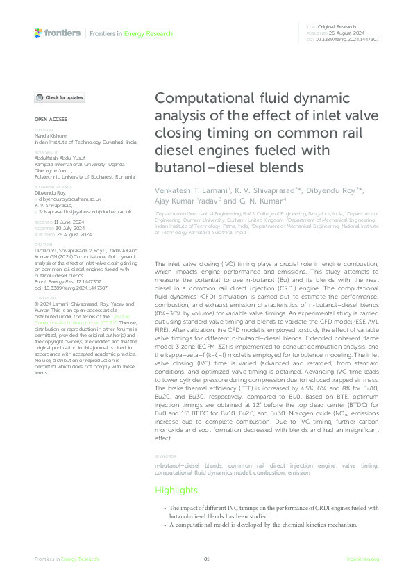 Computational fluid dynamic analysis of the effect of inlet valve closing timing on common rail diesel engines fueled with butanol–diesel blends Thumbnail