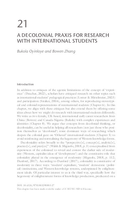 A decolonial praxis for research with international students Thumbnail