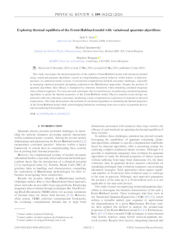 Exploring thermal equilibria of the Fermi-Hubbard model with variational quantum algorithms Thumbnail