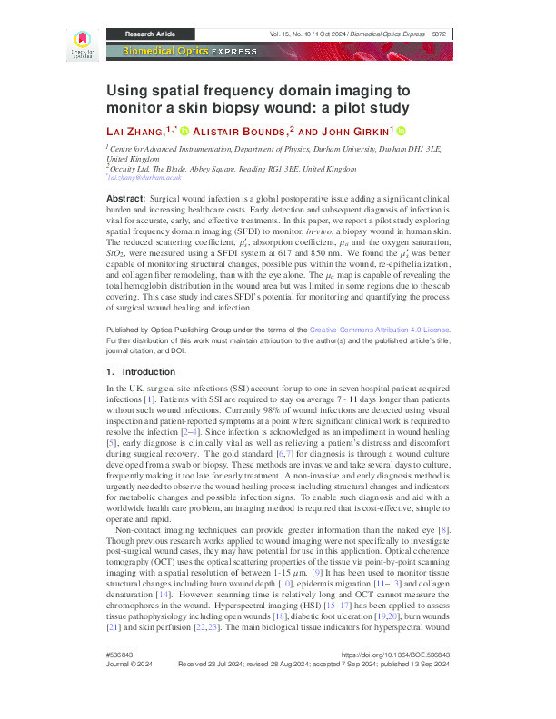 Using spatial frequency domain imaging to monitor a skin biopsy wound: a pilot study Thumbnail