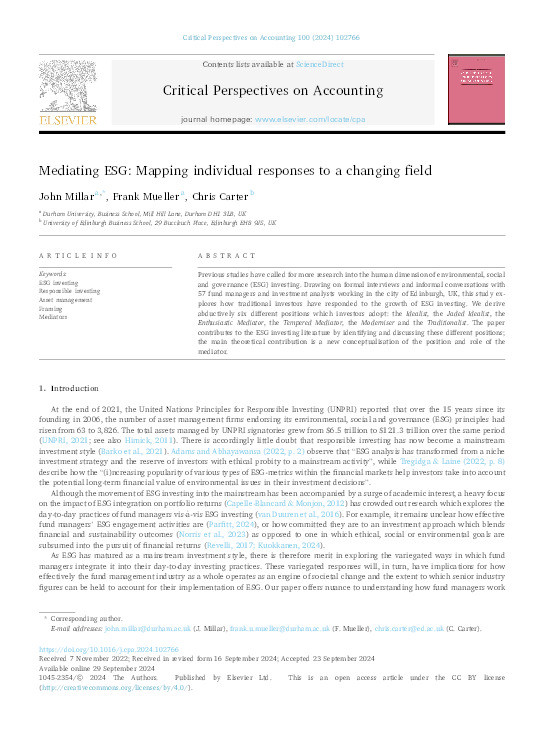 Mediating ESG: Mapping individual responses to a changing field Thumbnail