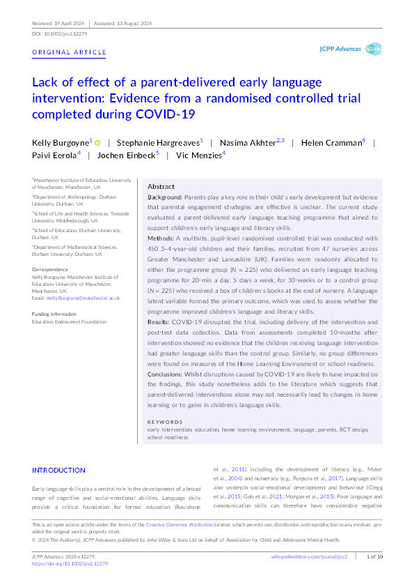 Lack of effect of a parent‐delivered early language intervention: Evidence from a randomised controlled trial completed during COVID‐19 Thumbnail