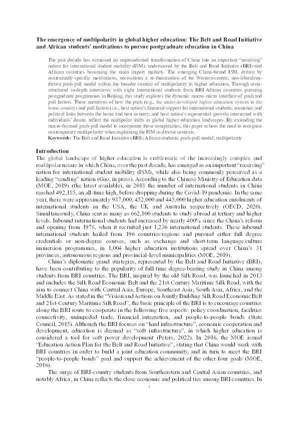 The emergence of multipolarity in global higher education: the Belt and Road Initiative and African students’ motivations to pursue postgraduate education in China Thumbnail