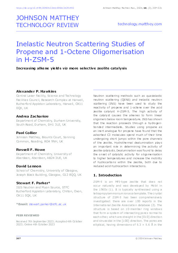 Inelastic Neutron Scattering Studies of Propene and 1-Octene Oligomerisation in H-ZSM-5: Increasing alkene yields via more selective zeolite catalysis Thumbnail