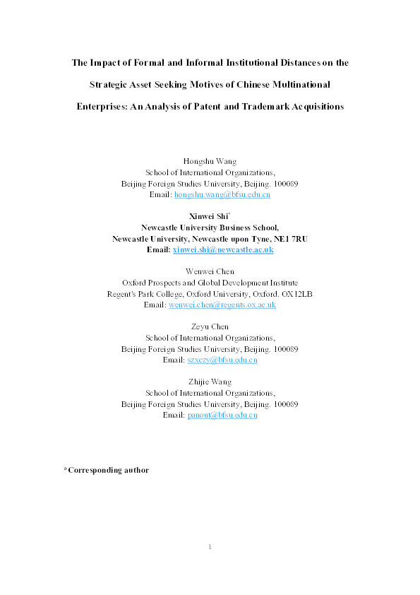 The impact of formal and informal institutional distances on the strategic asset seeking motives of Chinese multinational enterprises: An analysis of patent and trademark acquisitions Thumbnail