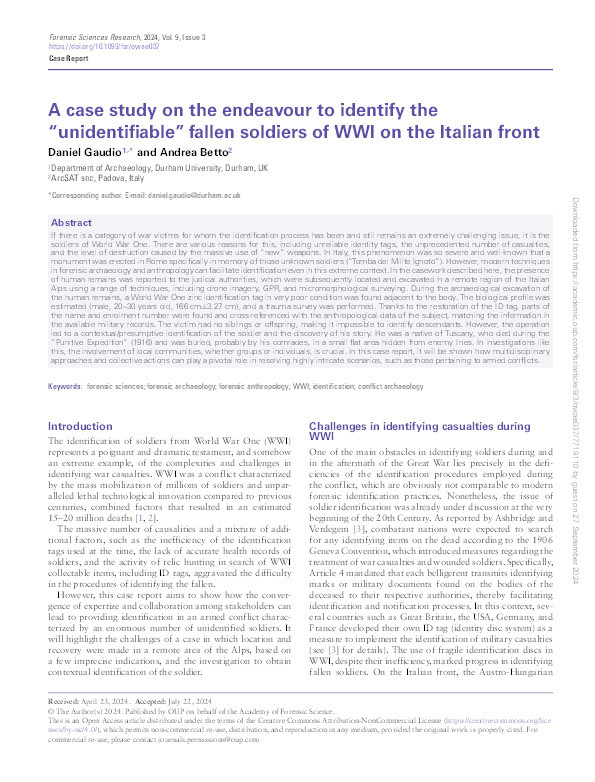 A case study on the endeavour to identify the “unidentifiable” fallen soldiers of WWI on the Italian front Thumbnail