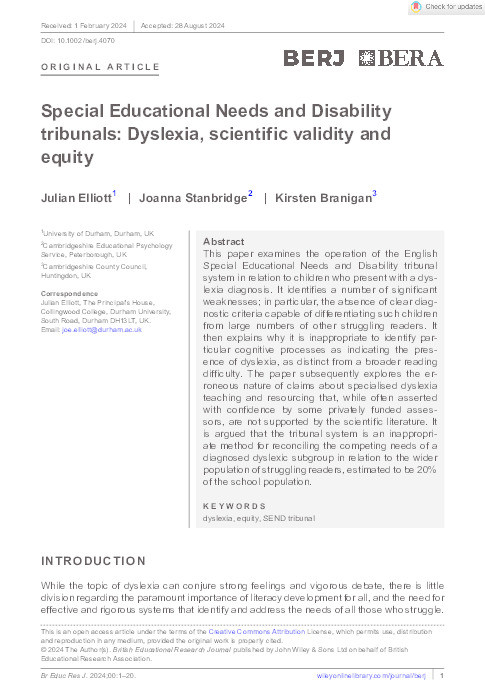 Special Educational Needs and Disability tribunals: Dyslexia, scientific validity and equity Thumbnail