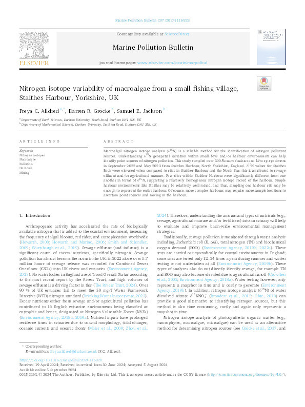 Nitrogen isotope variability of macroalgae from a small fishing village, Staithes Harbour, Yorkshire, UK. Thumbnail