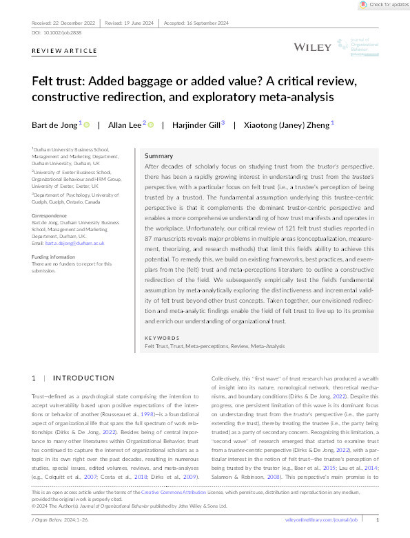 Felt trust: Added baggage or added value? A critical review, constructive redirection, and exploratory meta‐analysis Thumbnail