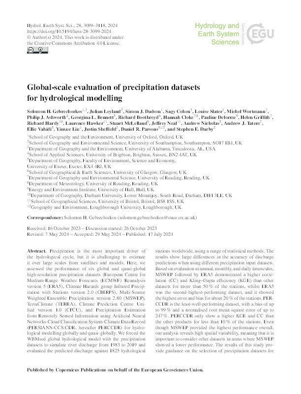 Global-scale evaluation of precipitation datasets for hydrological modelling Thumbnail