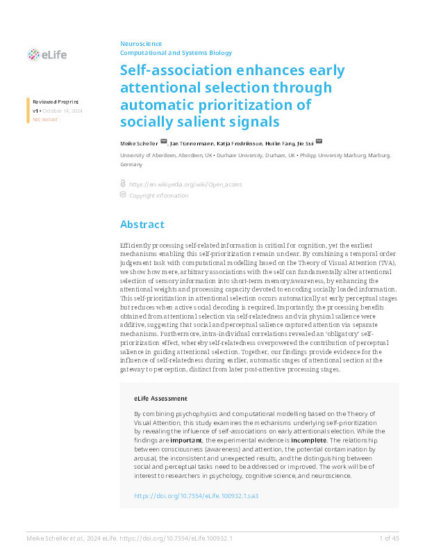 Self-association enhances early attentional selection through automatic prioritization of socially salient signals Thumbnail