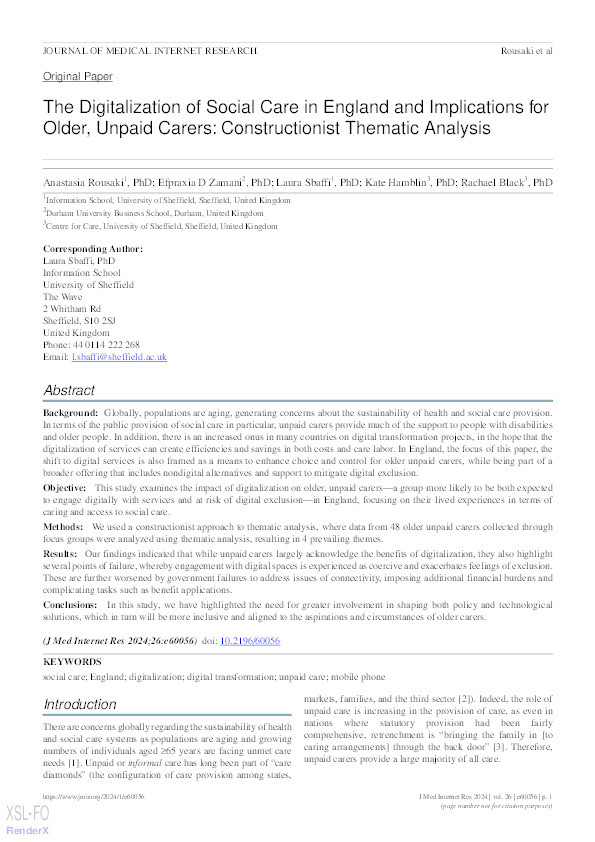 The Digitalization of Social Care in England and Implications for Older, Unpaid Carers: Constructionist Thematic Analysis. Thumbnail