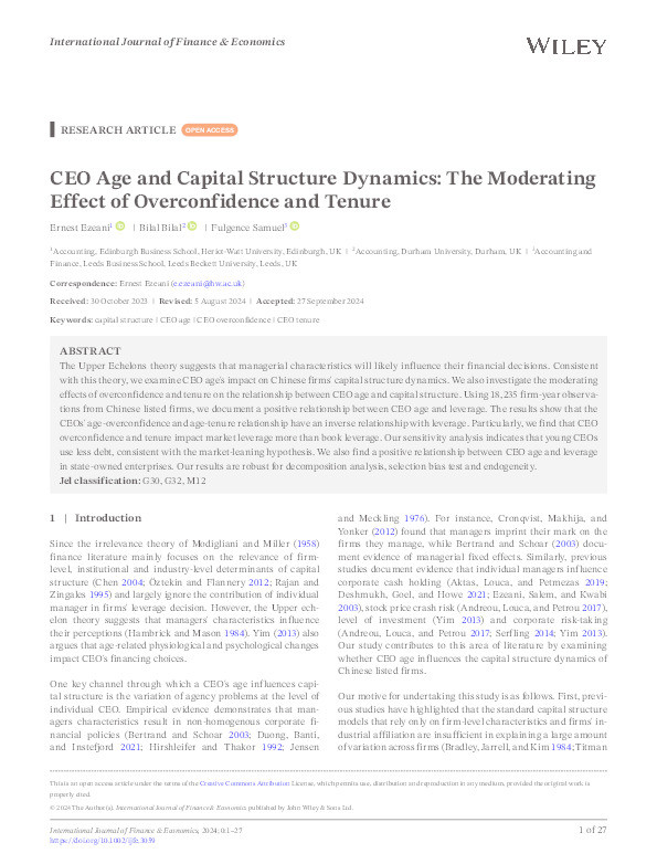 CEO Age and Capital Structure Dynamics: The Moderating Effect of Overconfidence and Tenure Thumbnail