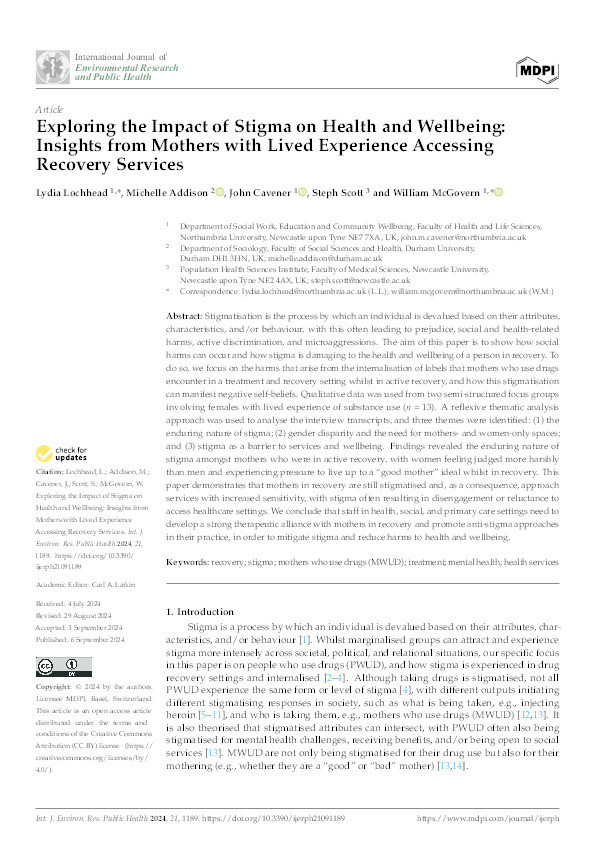 Exploring the Impact of Stigma on Health and Wellbeing: Insights from Mothers with Lived Experience Accessing Recovery Services Thumbnail