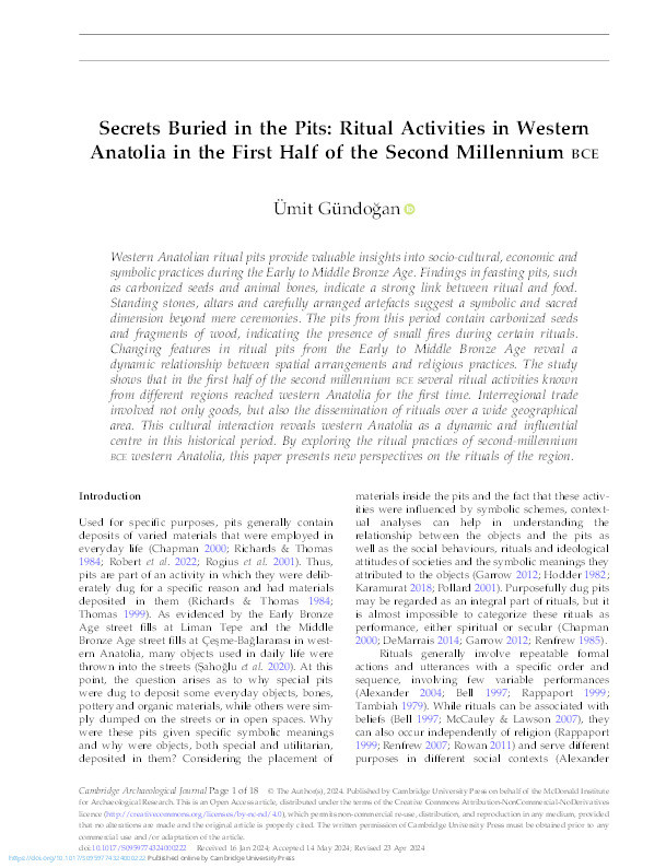 Secrets Buried in the Pits: Ritual Activities in Western Anatolia in the First Half of the Second Millennium bce Thumbnail