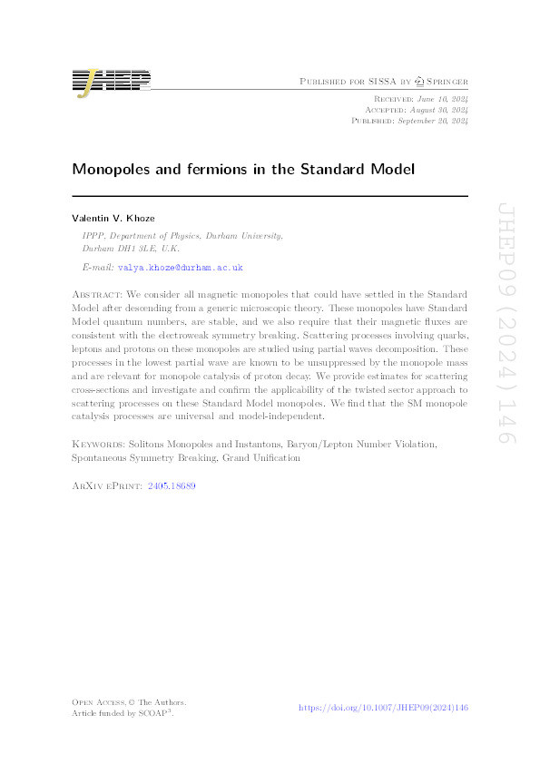 Monopoles and fermions in the Standard Model Thumbnail