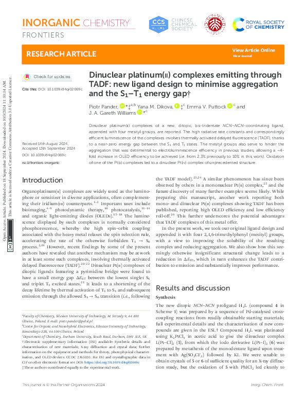 Dinuclear platinum( ii ) complexes emitting through TADF: new ligand design to minimise aggregation and the S 1 –T 1 energy gap Thumbnail