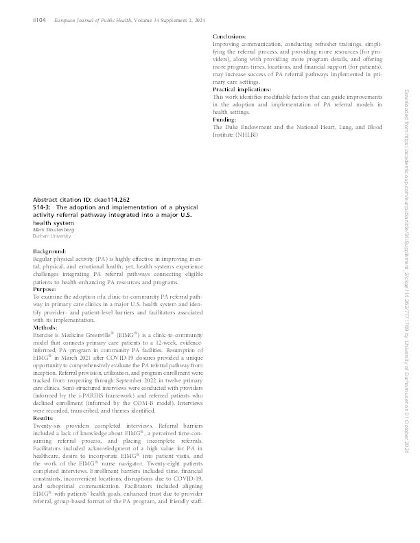 S14-3: The adoption and implementation of a physical activity referral pathway integrated into a major U.S. health system Thumbnail