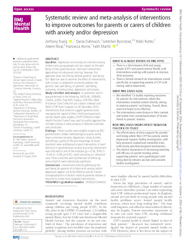 Systematic review and meta-analysis of interventions to improve outcomes for parents or carers of children with anxiety and/or depression Thumbnail