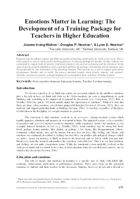 Emotions Matter in Learning: The Development of a Training Package for Teachers in Higher Education Thumbnail