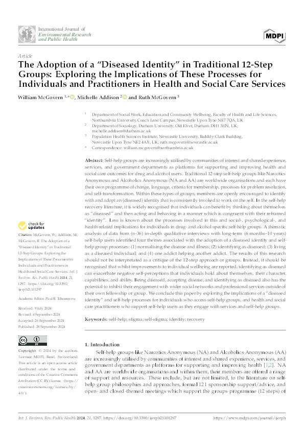 The Adoption of a “Diseased Identity” in Traditional 12-Step Groups: Exploring the Implications of These Processes for Individuals and Practitioners in Health and Social Care Services Thumbnail