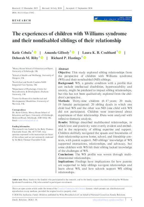 The experiences of children with Williams syndrome and their nondisabled siblings of their relationship Thumbnail