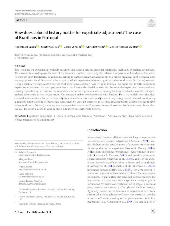 How does colonial history matter for expatriate adjustment? The case of Brazilians in Portugal Thumbnail