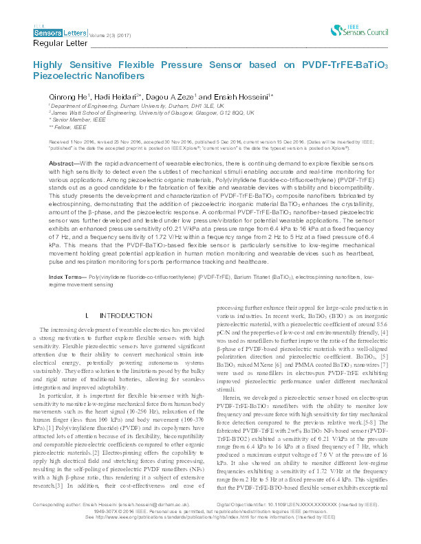 Highly Sensitive Flexible Pressure Sensor Based on PVDF-TrFE-BaTiO3 Piezoelectric Nanofibers Thumbnail