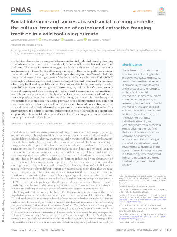 Social tolerance and success-biased social learning underlies cultural transmission in a wild tool-using primate Thumbnail