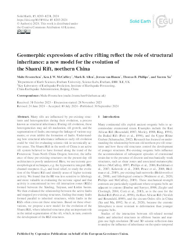 Geomorphic expressions of active rifting reflect the role of structural inheritance: a new model for the evolution of the Shanxi Rift, northern China Thumbnail