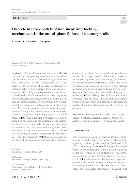 Discrete macro - models of nonlinear interlocking mechanisms in the out-of-plane failure of masonry walls Thumbnail