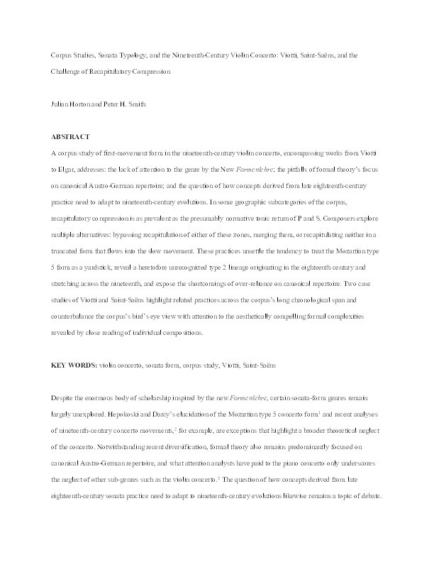 Corpus Studies, Sonata Typology, and the Nineteenth-Century Violin Concerto: Viotti, Saint-Saëns, and the Challenge of Recapitulatory Compression Thumbnail