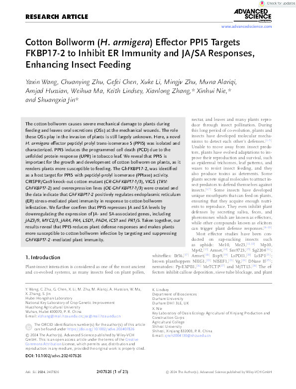 Cotton Bollworm ( H. armigera ) Effector PPI5 Targets FKBP17‐2 to Inhibit ER Immunity and JA/SA Responses, Enhancing Insect Feeding Thumbnail