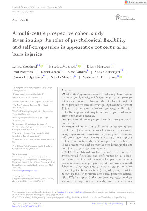 A multi‐centre prospective cohort study investigating the roles of psychological flexibility and self‐compassion in appearance concerns after burn injuries Thumbnail